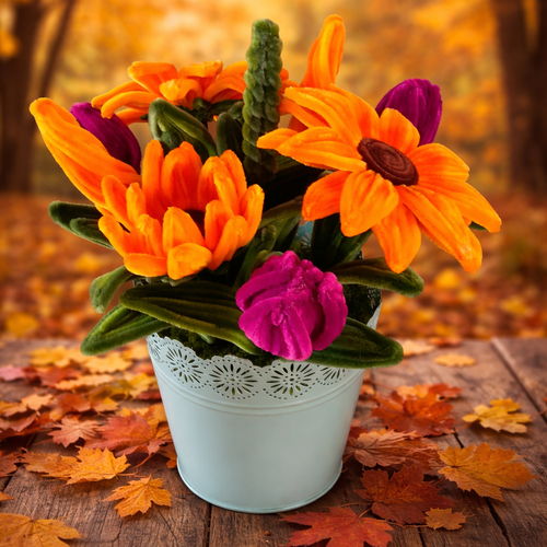 Composition automnale de fleurs éternelles en fil chenille