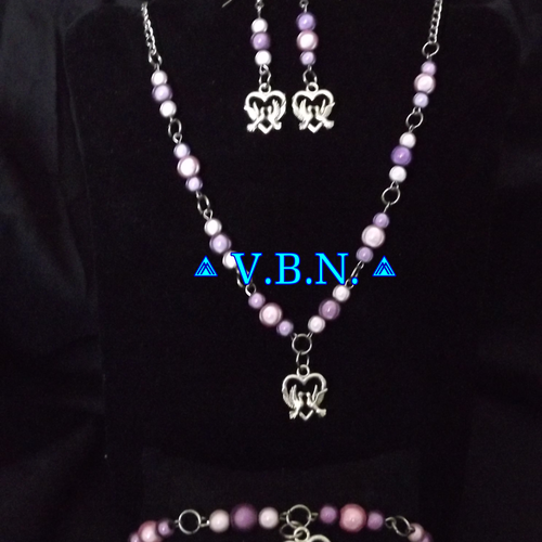 Parure 3 pieces perles magique de 6 et 8mm avec apprêts inoxydable couleur prune et rose clair