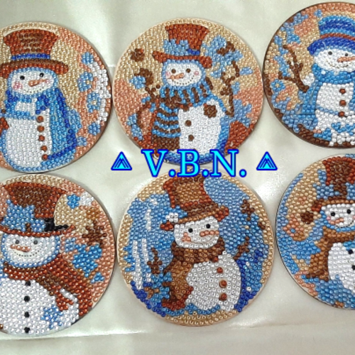 Dessous de verre en bois x 6 avec décoration bonhomme de neige en diamant painting fini prix réduit