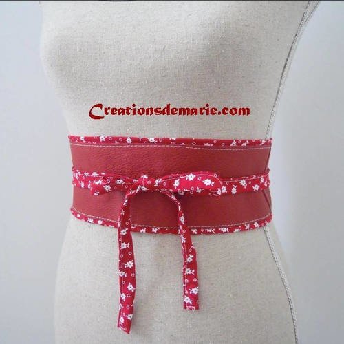 Ceinture corset, serre taille obi cuir rouge et coton liberty pour femmes, pin up, bohème, ceinture à nouer, ceinture de grossesse.