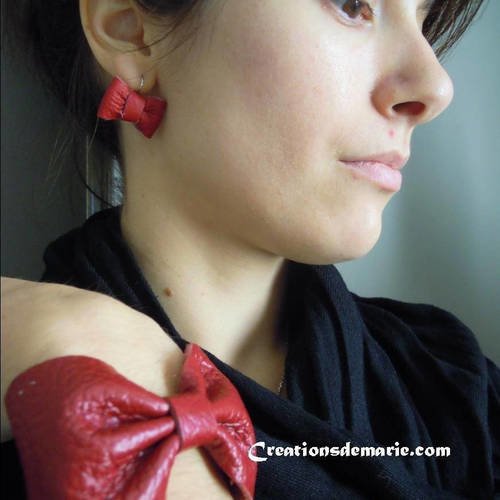 Parure bijoux rétro nœuds de cuir rouge, bijoux fantaisies pour femmes.
