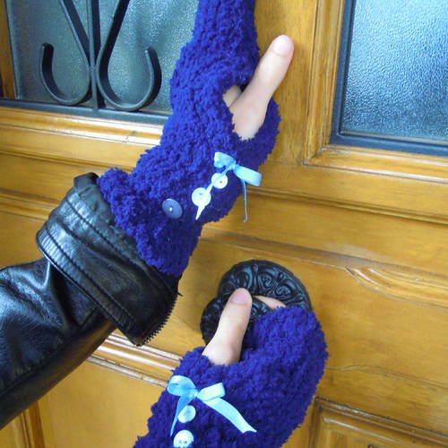Mitaines tricotées laine  bleue, gants sans doigts femmes ,adolescente.
