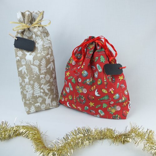 LOT 2 pochons Noël 20x30 cm pochette cadeau lavable vert rouge blanc tissu  recyclé upcyclé - Lilizigzag