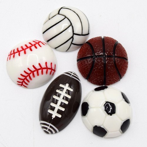 X5 ballons en résine cabochons,ballon basket, football, rudby, handball, baseball, cabochon flatback de résine scrapbooking
