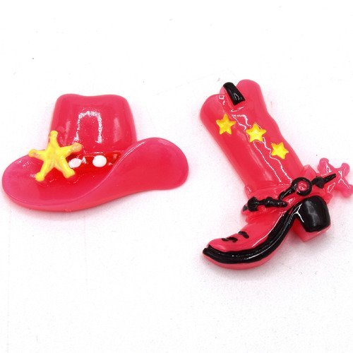  x2 bottes et chapeaux cowgirl en résine cabochon, chaussures bottes fille cavalière, cabochon flatback de résine scrapbooking 