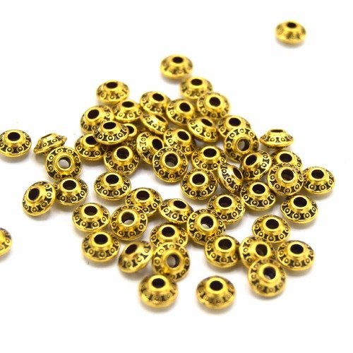 X20 perles métal soucoupe couleur or 6.5mm, perles doré gravé cercles antique pm025  