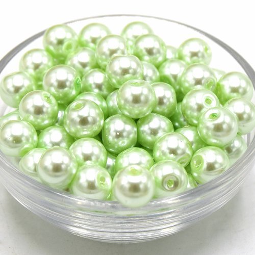 100 perles en verre ronde vert clair nacrée 8mm, perle ronde en verre - pv04
