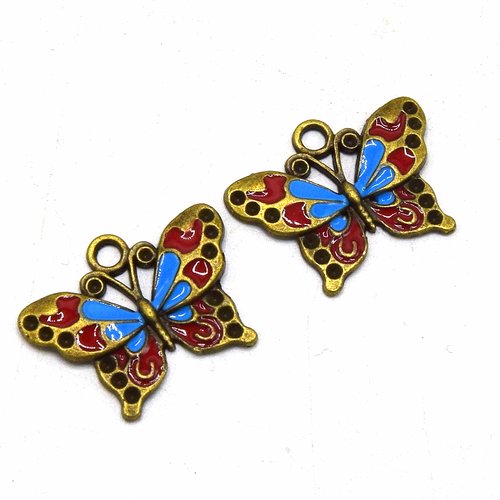 X2 pendentifs charm papillon bronze émaillé bleu et rouge 25mm, breloque pour bijoux - b63