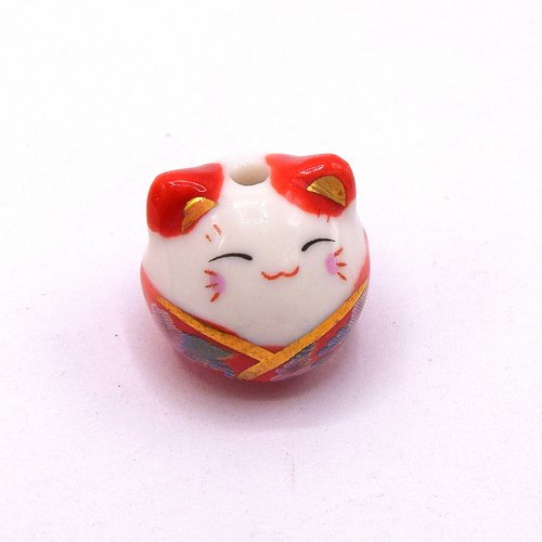 Perle chat rouge chance en porcelaine  - a l'unité