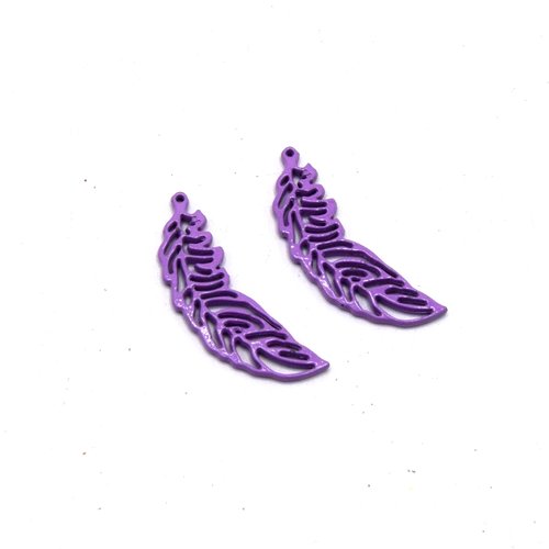 Lot de 2 plumes pendentifs filigrane colorées en métal violet - b01