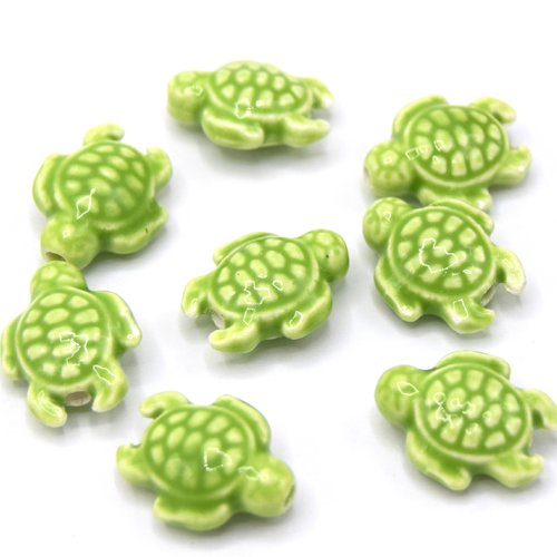 Perles tortues vert clair en céramique émaillée - lot de 4 perles