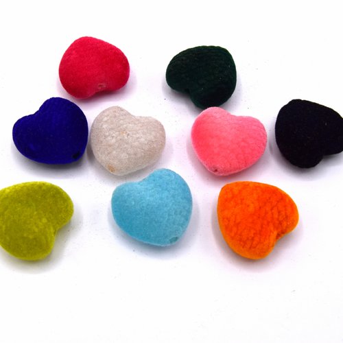 Lot de 5 grosses perles en acrylique floqué, cœur, couleur mixte ~ 25 mm