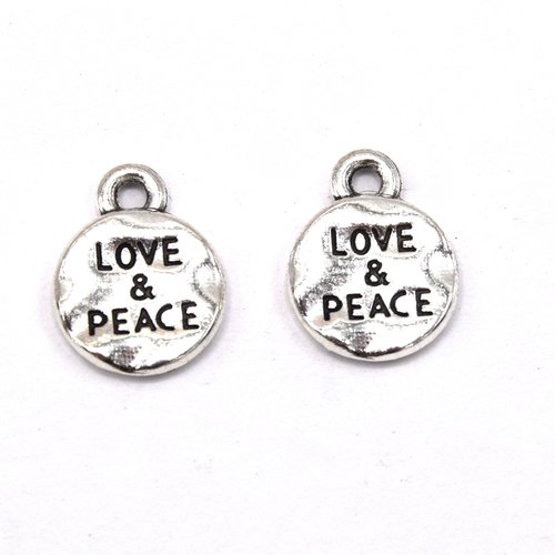 X20 pendentif tibétain plat rond avec le mot amour et paix. b15