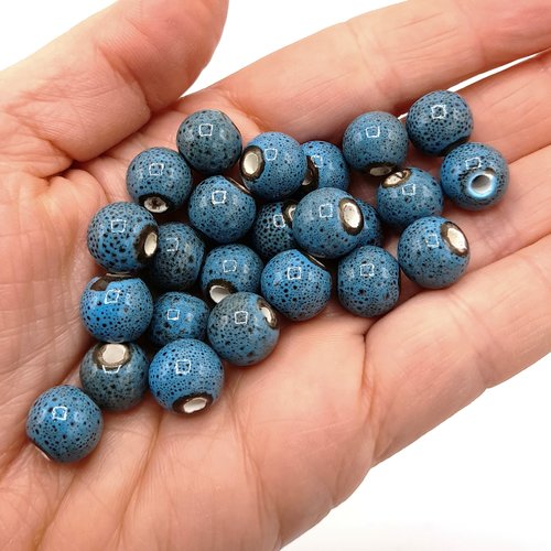 X10 perles en porcelaine émaillées rondes bleu antique 10mm