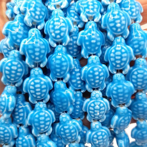 Perles tortues  en porcelaine  émaillée bleu turquoise - lot de 4 perles