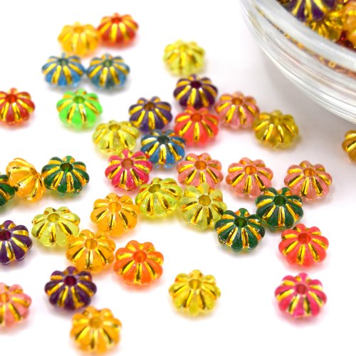 X100 perles acryliques rondes plates plaquées fleurs couleur mixte 6.5mm