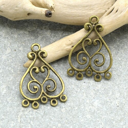 X10  connecteur chandelier cœur bronze antique plaqué 33mm x 23mm -