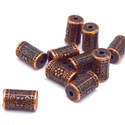 X2 grosses perles colonne motif fleur cuivré rouge antique ø10mm
