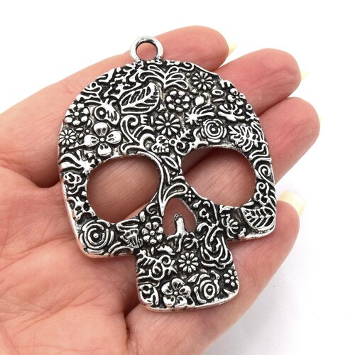 X2 grands pendentifs crânes tête de mort floral pour halloween argenté 64mm b59 - skulls floral skull for halloween silver 64mm