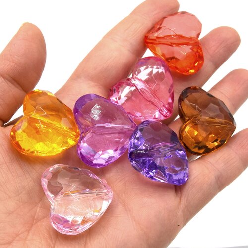 4 grosses perles en acrylique transparentes, cœur, couleur mixte ~ 25 mm
