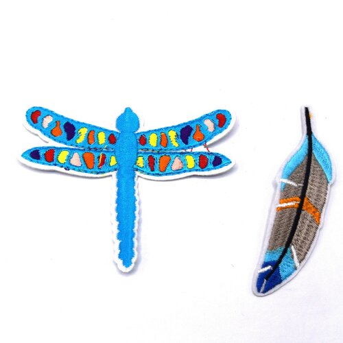 X2 ecussons patch thermocollant libellule et plume bleu
