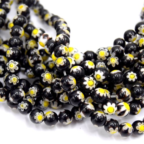 X20 perles de verre millefiori rond couleur noir et jaune 6mm