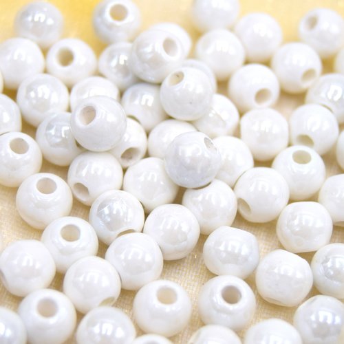 Perles en porcelaine émaillées rondes blanches ~6mm- lot de 20 unités