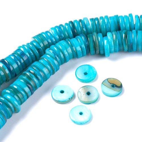 Perles naturelles coquillage heishi plat rond ~8mm bleu  - lot de 50 unités