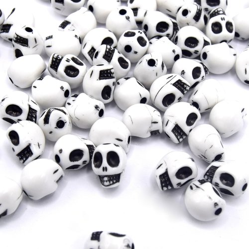 Perles tête de mort, crâne blanc et noir 10mm - lot de 50 perles