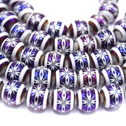 X10 perles en verre 10mm boule de noël violet imprimé étoile