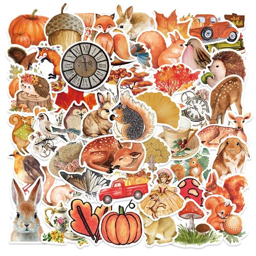 Kit de 50 autocollants imperméables thème orange forêt d'automne, fleurs, feuilles, renard, hérisson, oiseau,..