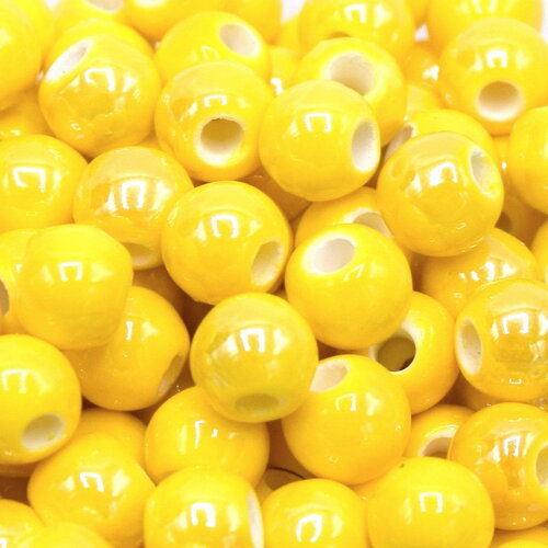 Perles en porcelaine émaillées rondes jaune  ~6mm- lot de 20 unités