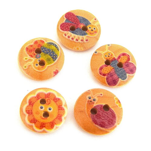50 boutons en bois rond 2 trous  motif animaux et soleil ø15mm