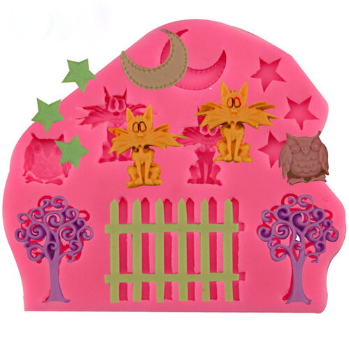 X1 moule souple en silicone chats la nuit dans le jardin, clôture, arbres, lune, hibou