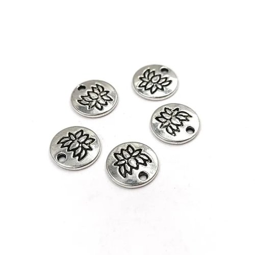 20 breloques rondes fleur de lotus en alliage argent 12mm
