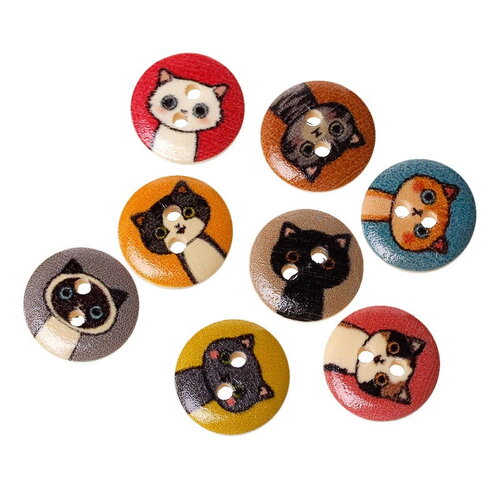 X50 boutons bois  motif chat multicolore loisir créatif  2 trous 15mm  -47