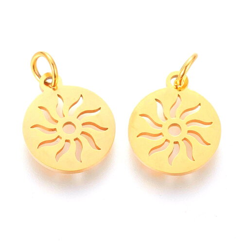 2 pendentifs médaille  soleil doré en acier inoxydable