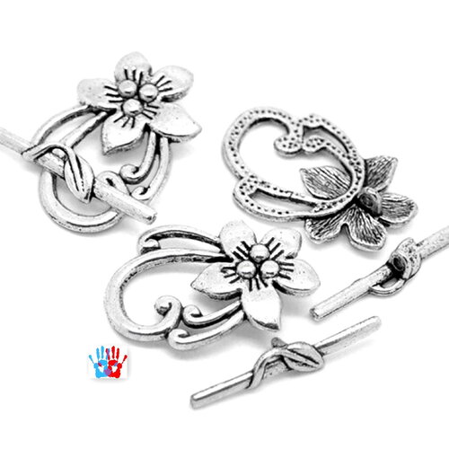 5 kit fermoirs toggle fleur gravé  argent antique 30mm