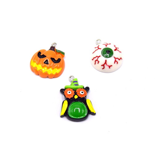 3 breloques pendentifs halloween en résine mixte hibou, oeil, citrouille