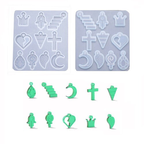 1 moule en silicone  formes de pendentifs pour fabrication de bijoux en résine, couronne, cœur, triangle, croix,..