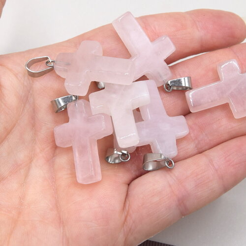 Croix en quartz rose avec attaches en acier inoxydable x2