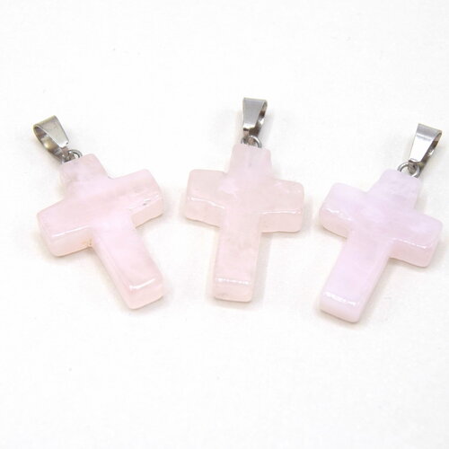 Croix en quartz rose avec attaches en acier inoxydable x2