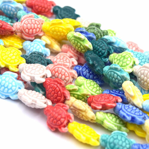Perles tortues en porcelaine  émaillée couleurs mixtes - 1 chapelet 31 cm de perles ~18 pcs