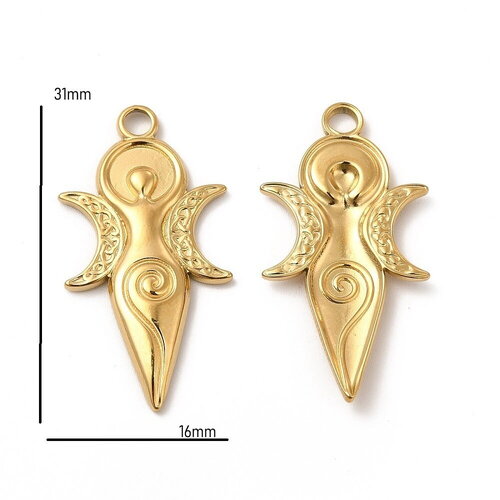 Pendentif déesse de la fertilité en acier inoxydable 304 plaqué or 18k, à l'unité.