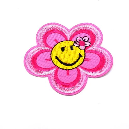 1 ecusson fleur rose smiley, patch thermocollant