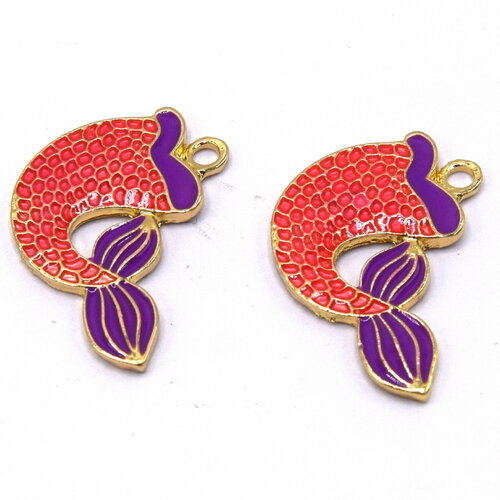 X2 breloques sirène email plaqué or kc fuchsia 28mm x 18mm