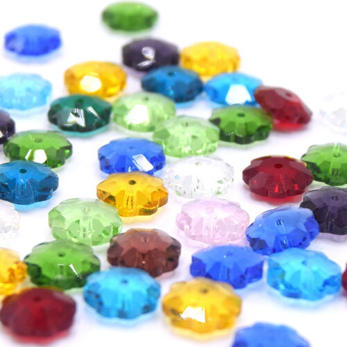 15 perles de verre fleur à facettes multicolore 10mm