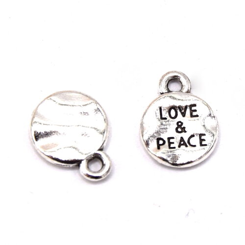 20 pendentifs tibétain plat rond avec le mot amour et paix