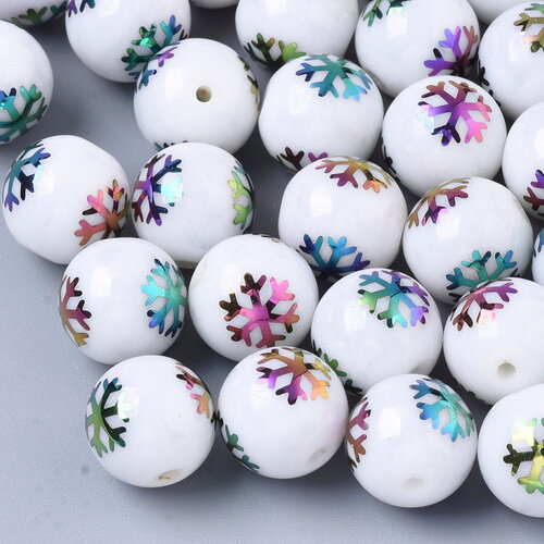 X10 perles de verre opaque de noël, rond avec motif de flocon de neige galvanoplastie imprimées