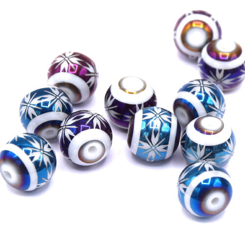 X10 perles en verre 10mm boule de noël bleu et violet imprimé étoile